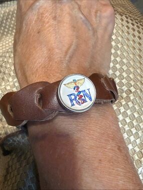 Snap Brown Leather RN snap Bracelet with Blue & Gold Accent